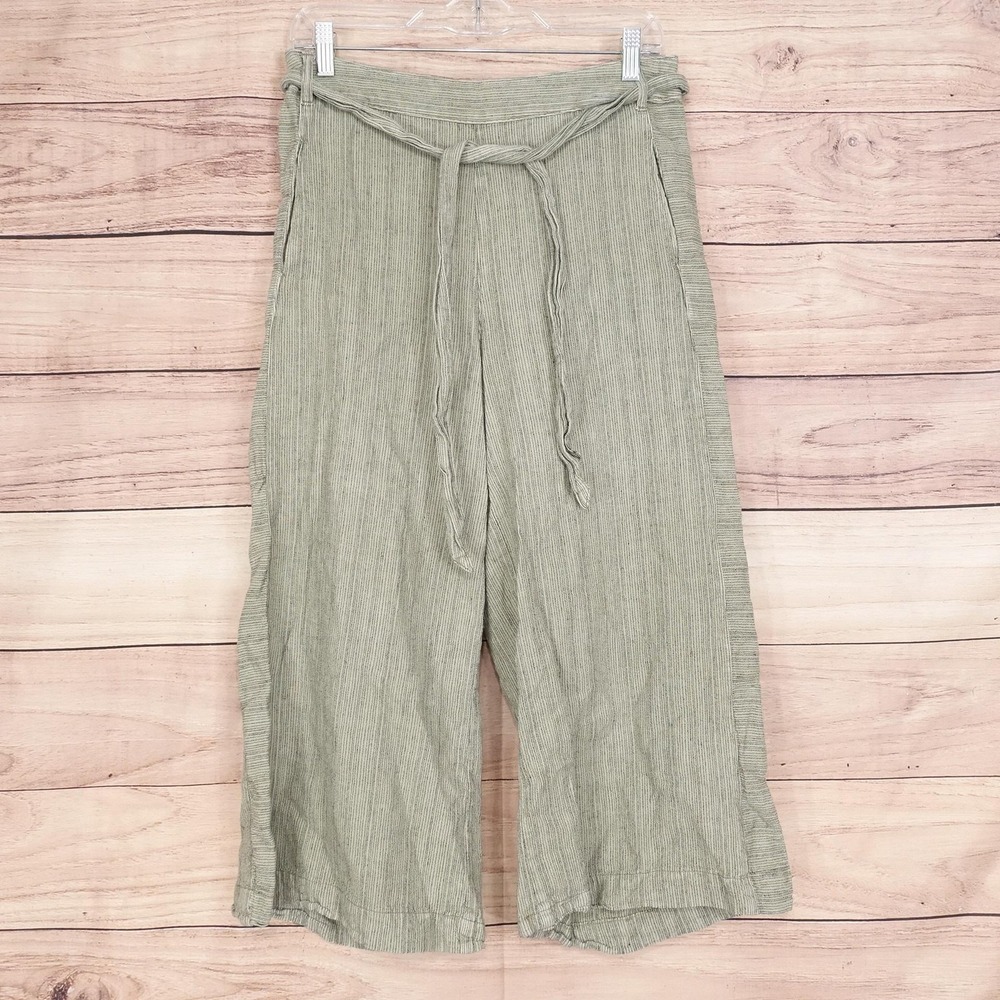 Anthropologie Pants Womens S Green Linen Crop‎ Belted Stripe Pull On 30x20.5